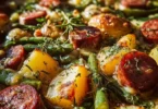 Wurst Bohne Kartoffel Auflauf - ein köstliches Gericht im Ofen zubereitet