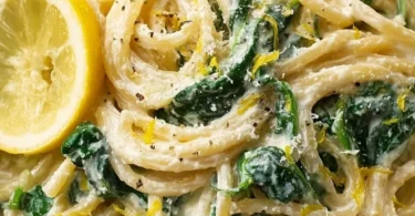Zitronen-Ricotta-Pasta mit Spinat auf einem Teller serviert.