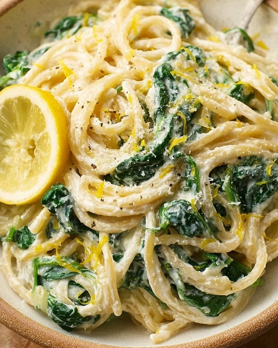 Zitronen-Ricotta-Pasta mit Spinat auf einem Teller serviert.