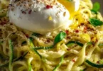 Zitronen-Zucchini-Pasta mit Burrata auf einem Teller serviert