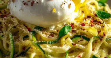 Zitronen-Zucchini-Pasta mit Burrata auf einem Teller serviert