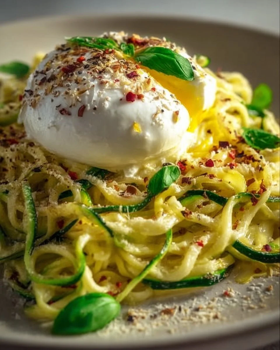 Zitronen-Zucchini-Pasta mit Burrata auf einem Teller serviert