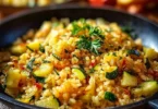 Zucchini-Reis-Pfanne mit frischem Gemüse auf einem Teller serviert