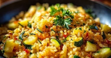 Zucchini-Reis-Pfanne mit frischem Gemüse auf einem Teller serviert