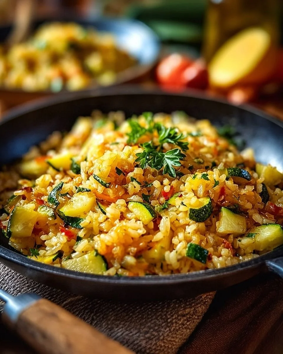 Zucchini-Reis-Pfanne mit frischem Gemüse auf einem Teller serviert