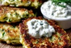Zucchinipuffer mit Feta und Tzatziki auf einem Teller angerichtet