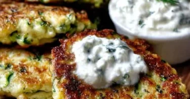 Zucchinipuffer mit Feta und Tzatziki auf einem Teller angerichtet