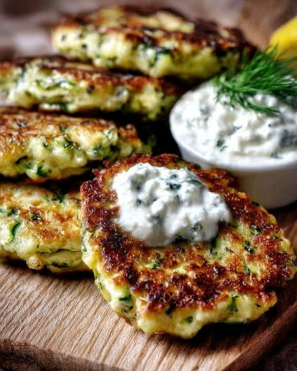 Zucchinipuffer mit Feta und Tzatziki auf einem Teller angerichtet