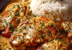 Zwiebel-Sahne-Hähnchen auf einem Teller, serviert mit Beilagen