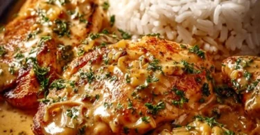 Zwiebel-Sahne-Hähnchen auf einem Teller, serviert mit Beilagen
